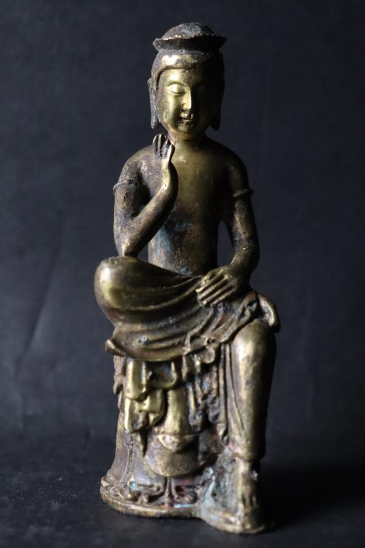 朝鮮仏教美術 銅製鍍金 弥勒菩薩半跏思惟像 11.5㎝ 時代古玩