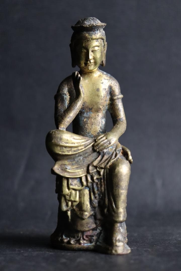朝鮮仏教美術 銅製鍍金 弥勒菩薩半跏思惟像 11.5㎝ 時代古玩