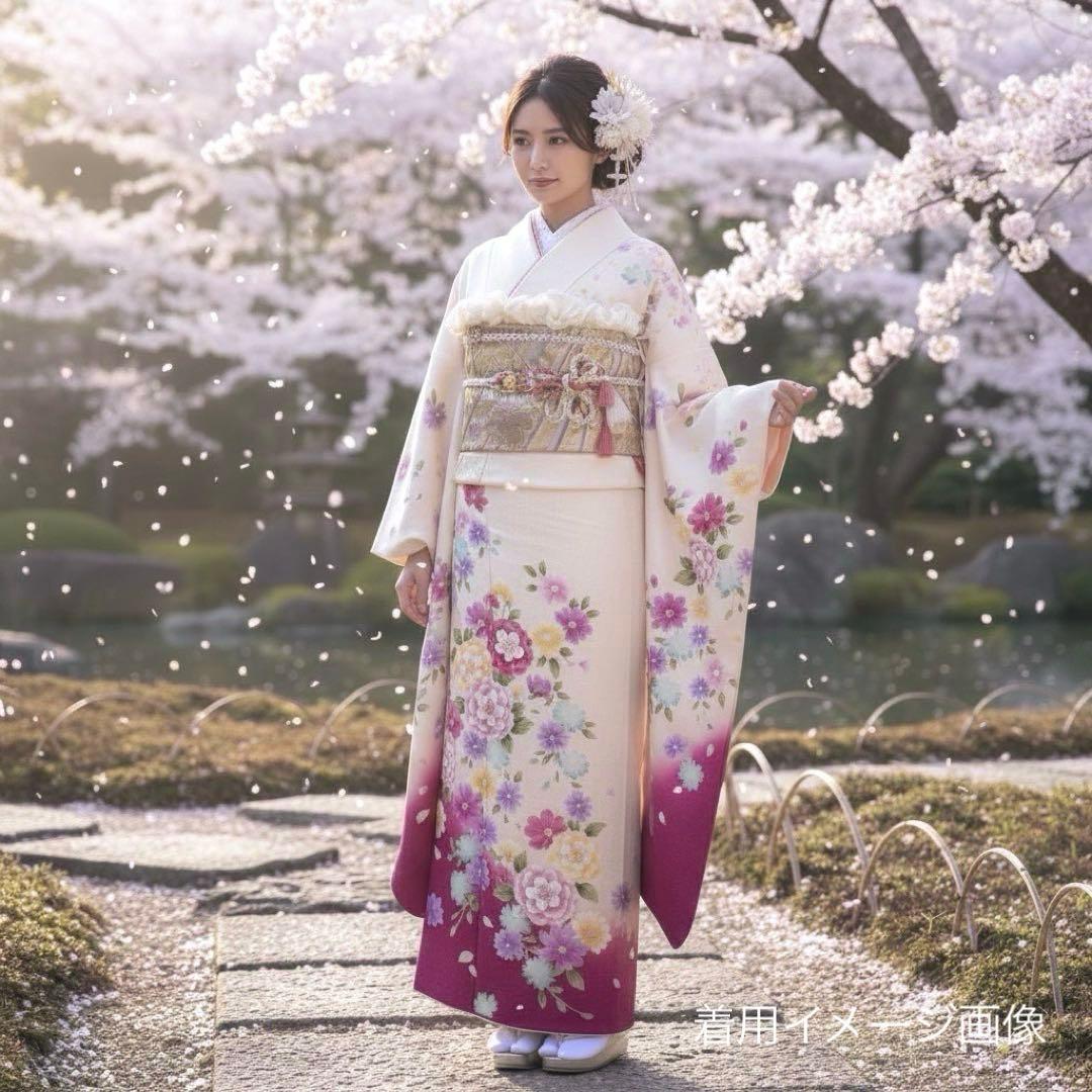 京都きもの友禅　豪華振袖8点フルセット　正絹 　成人式　お正月　パーティ　白地