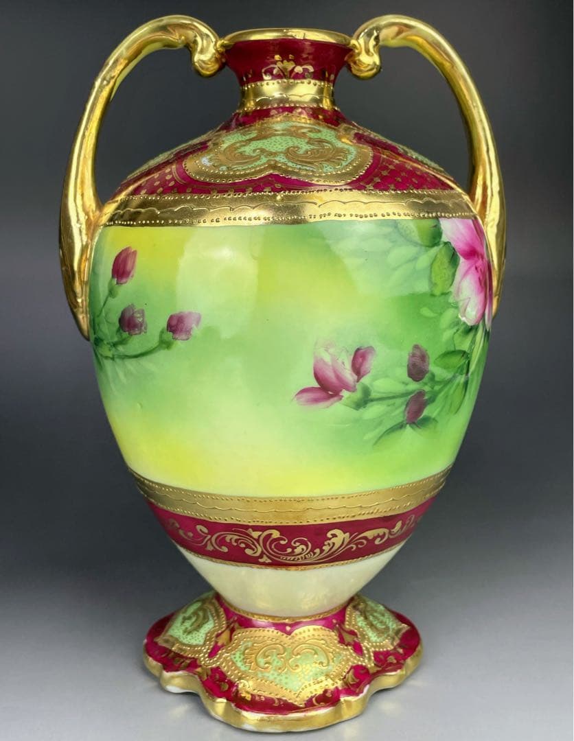 オールドニッポン ２２㎝ アールヌーボー様式 薔薇紋 花瓶 バラ つつじ アザレ