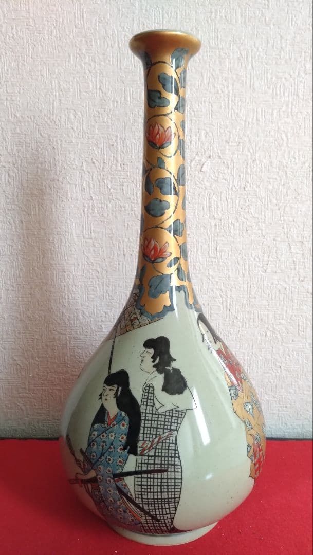 円左エ門　鶴首瓶　花瓶　有田焼　古伊万里　染錦