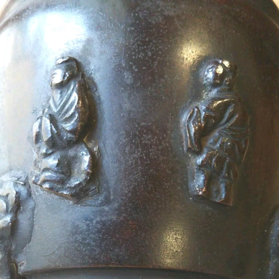 香炉 銅製  一角獣耳  鶴彫り