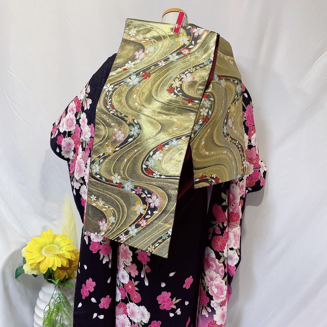 振袖フルセット振袖　花蝶文　黒地　金彩フルセット