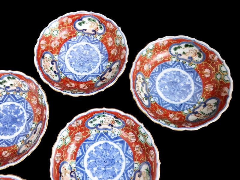 大聖寺伊万里　金襴手　金唐草に亀甲紋の図　４寸皿　５枚　A542AS-DAy