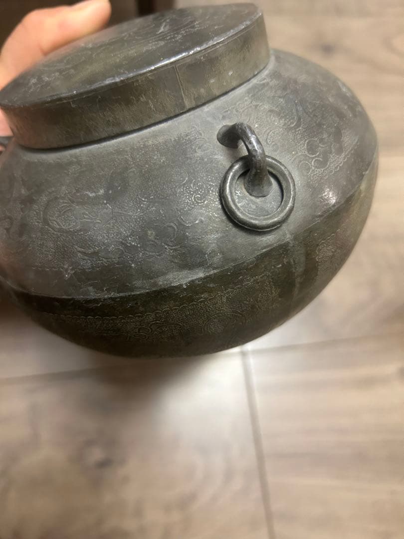 王東文造 古錫製 雲龍鳳凰文刻 三耳壷 茶入 中國古玩 唐物 時代物 骨董品
