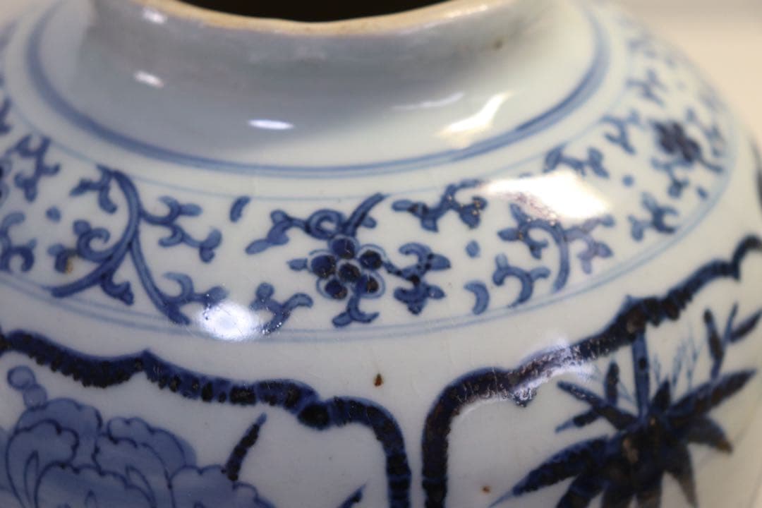 時代　染付壺　竹&菖蒲紋　送料込み0915