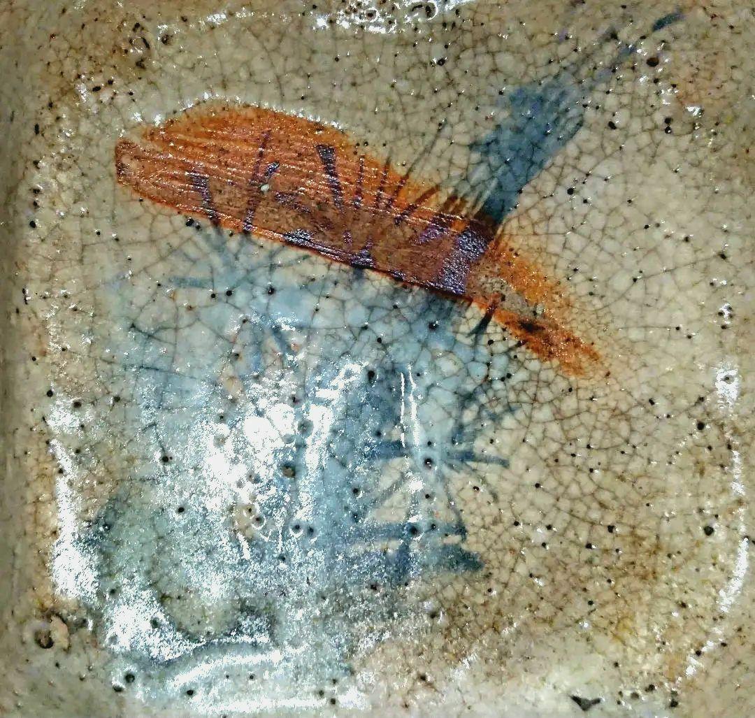 美品 志野焼(美濃焼)『絵志野 閑人取手 四方片口』骨董 アンティーク