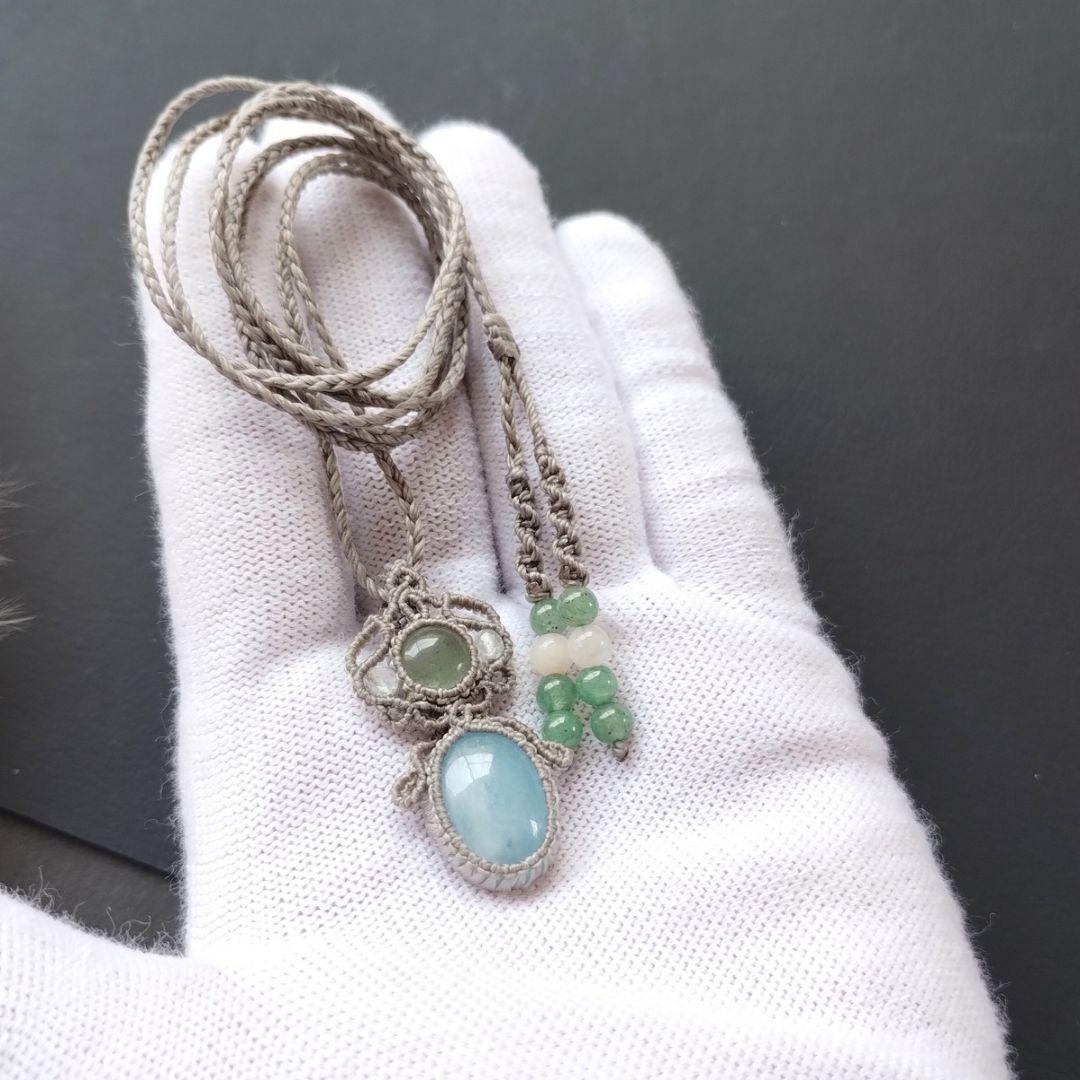 【特別価格】ストロベリークォーツ＆クンツァイトのマクラメ編みネックレス　天然石他