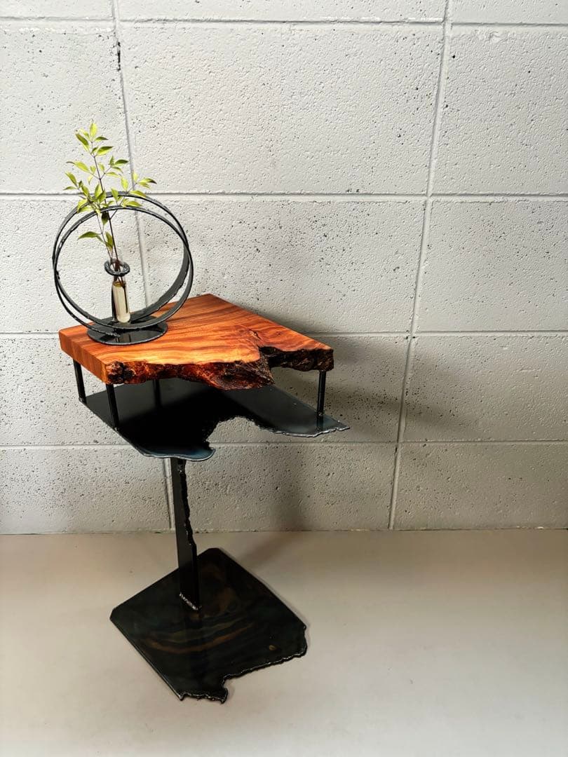 欅サイドテーブルアイアン家具観葉植物一輪挿し花台一枚板盆栽台
