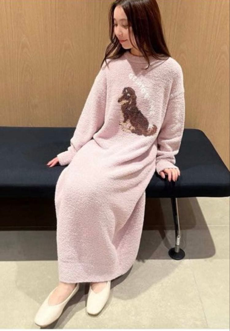 【新品】ジェラートピケ　ダックスフンド柄DOG ジャガードワンピース　ピンク