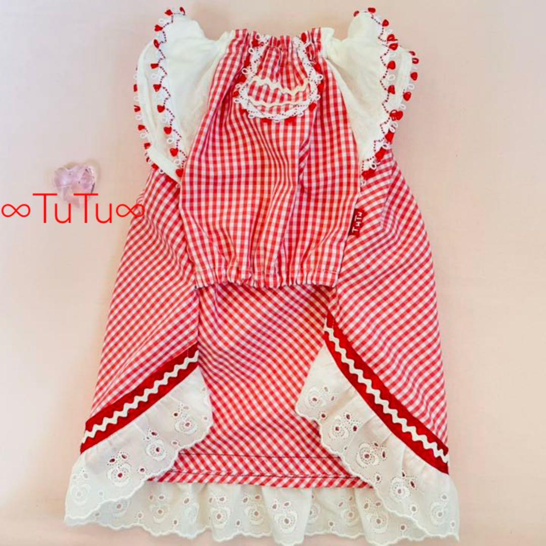 大きなリボンギンガム　　∞TuTu∞  犬服　ハンドメイド