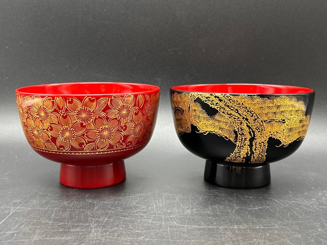 【希少品】沈金　川連漆器　お椀　大関 廣　雅号・廣道　桜　松　赤　黒　名入り