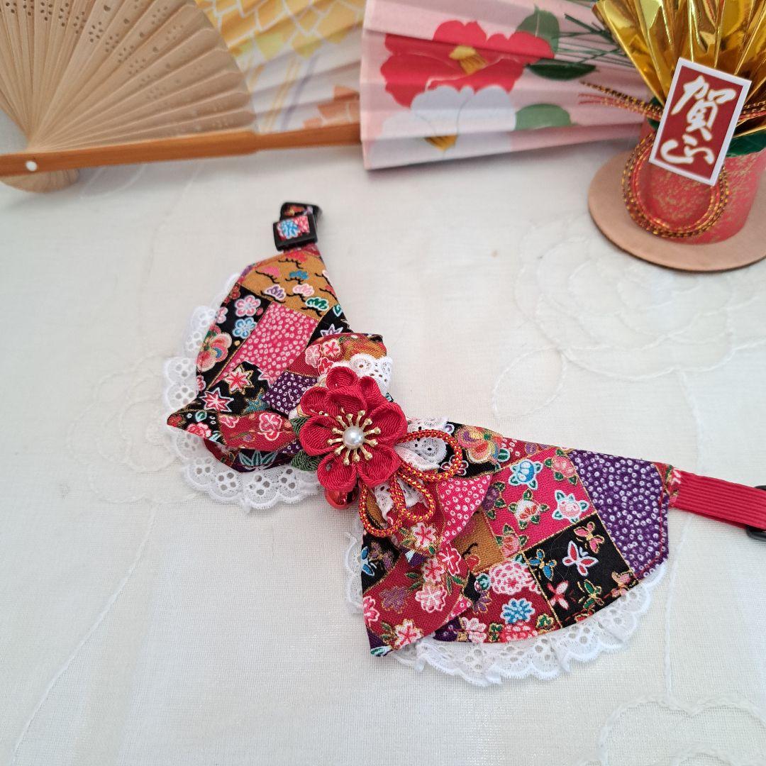 お正月仕様和風つまみ細工(赤④)わんちゃん猫ちゃん用襟つき首輪