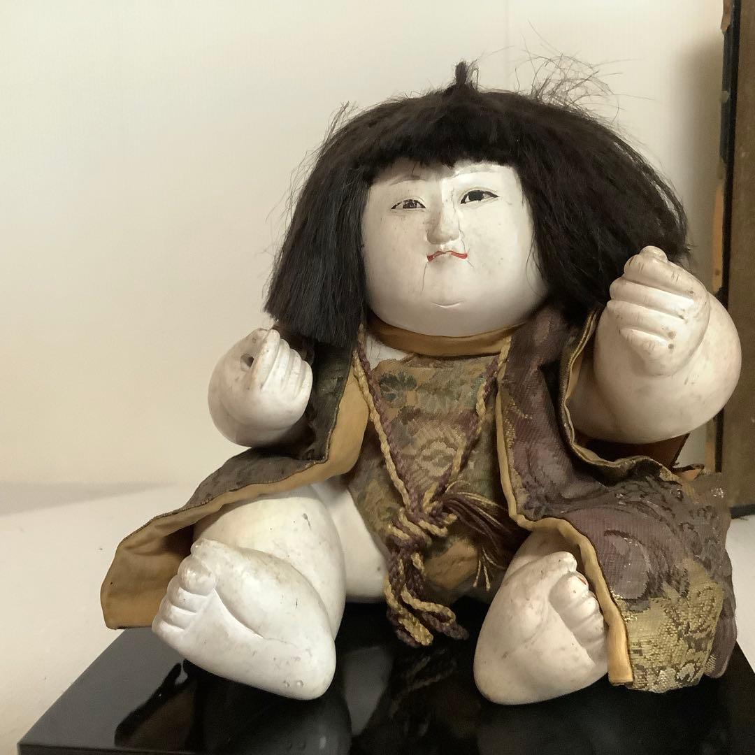 戦前の御所人形♪水引手？♪持ち道具なし♪袖なしに腹掛け♪顔に傷、汚れ、やけ