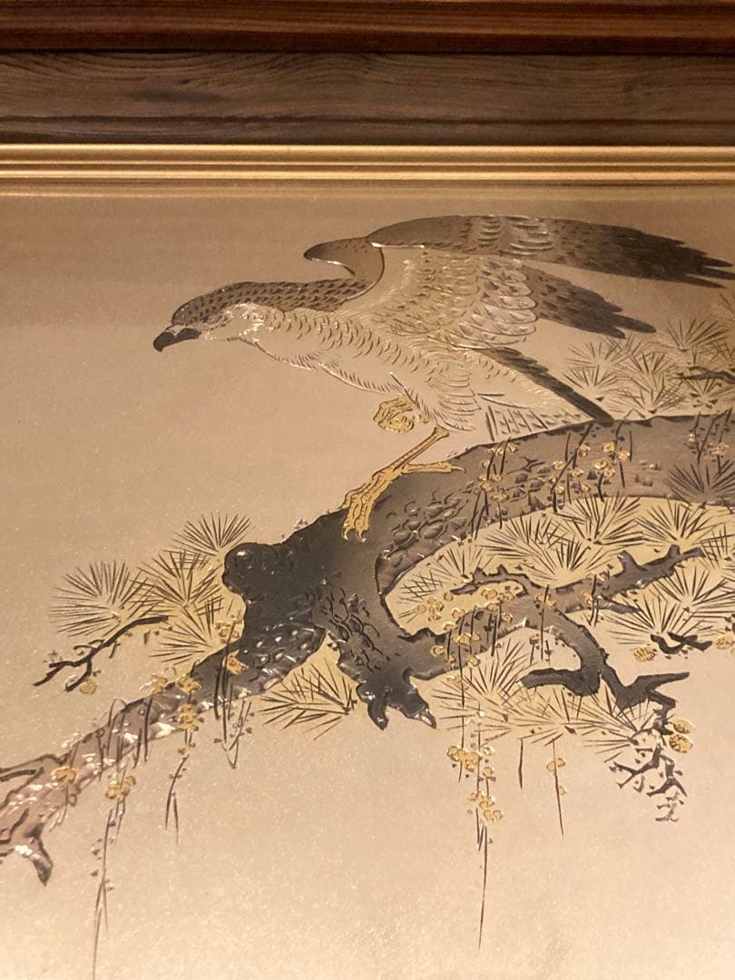希少　堀口光彦 彫金額 松樹鷹図 金工作品 額装