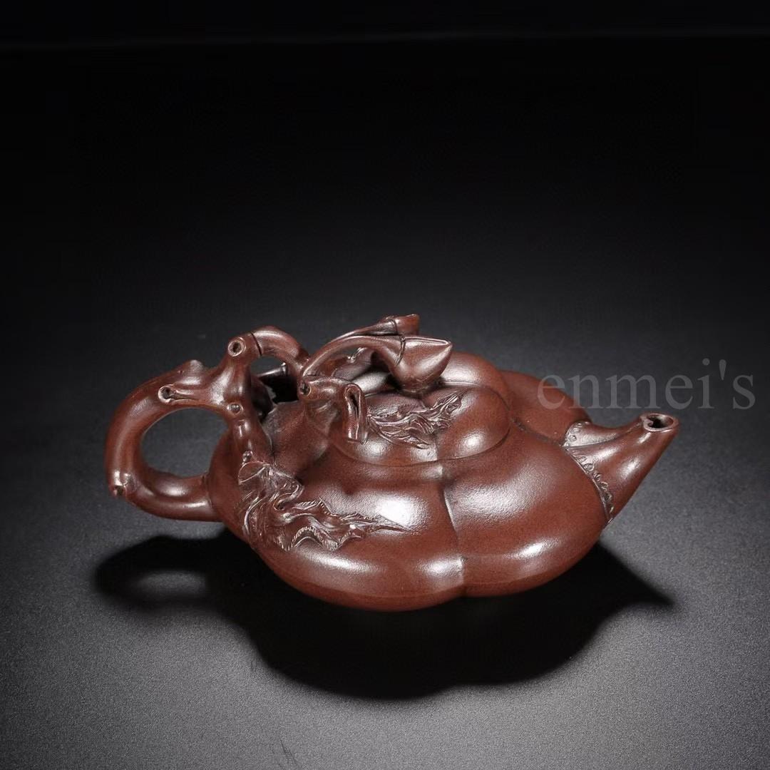 中国古美術・原鉱紫泥壽桃紫砂壺・底款：汪寅仙・紫砂壺・急須・茶壺・茶道具・置物