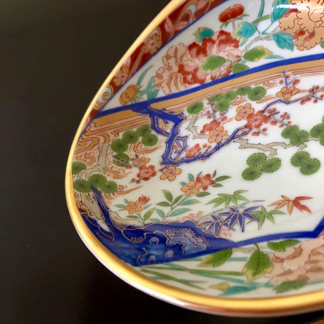 【新品・未使用】波佐見焼 林九郎窯 金彩貝型盛皿 扇割松竹梅 古伊万里 染錦