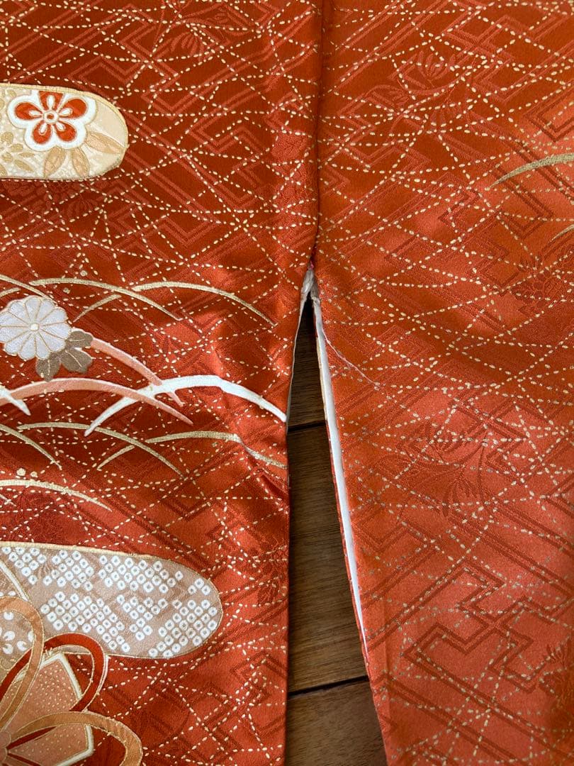 振袖 オレンジ 緑 花柄 帯、小物付き