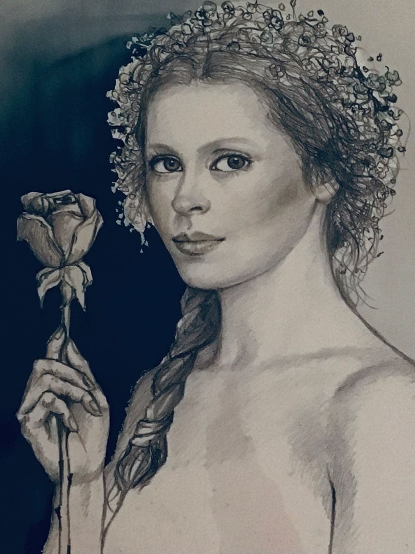 ◉真作保証◉洋画家 芝田米三◉バラを持つ少女◉70×62cm◉￼リトグラフ◉