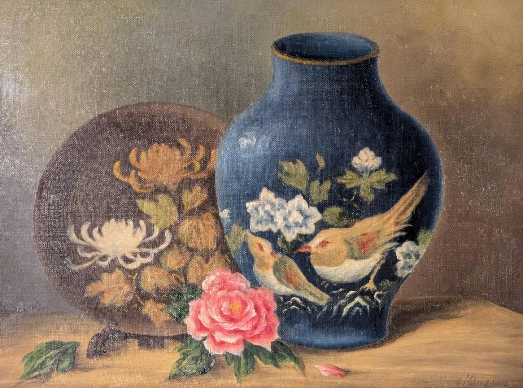 【真作】絵画　油彩6号　鳥文壷と薔薇　装飾陶器と花のある風景　X31