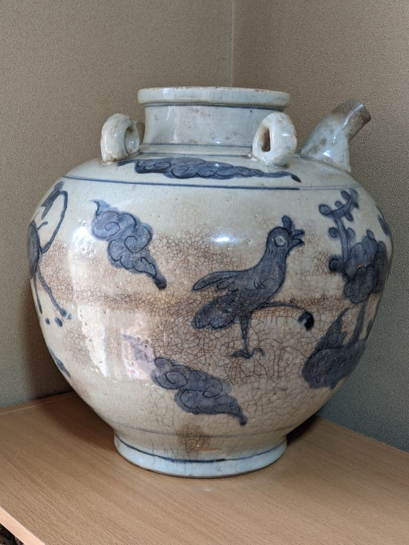 ⭐中国古陶磁 明時代末 染付 麒麟鳥紋様 四耳壺 古玩 古美術品 骨董品