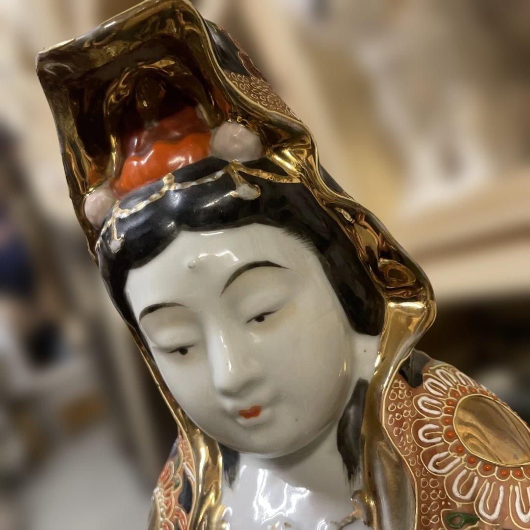 金彩九谷観音像　石川県九谷焼 優しい顔立ち　古美術　骨董　アンティーク仏教美術