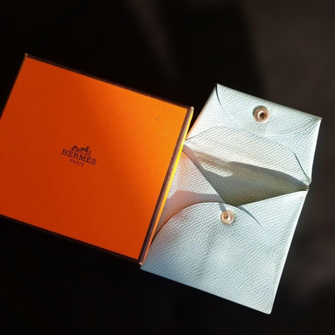HERMES 水色 レザー バスティア ケース (箱付き)