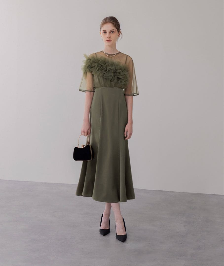 【LEJA】ボリュームチュールパイピングフレアドレス2点セット グリーン