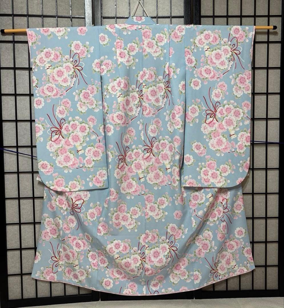 七五三　着物セット　7歳　水色　花柄　ポンポネット