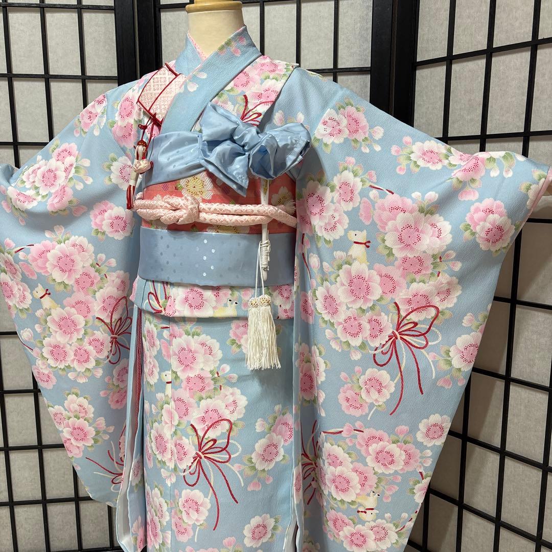 七五三　着物セット　7歳　水色　花柄　ポンポネット