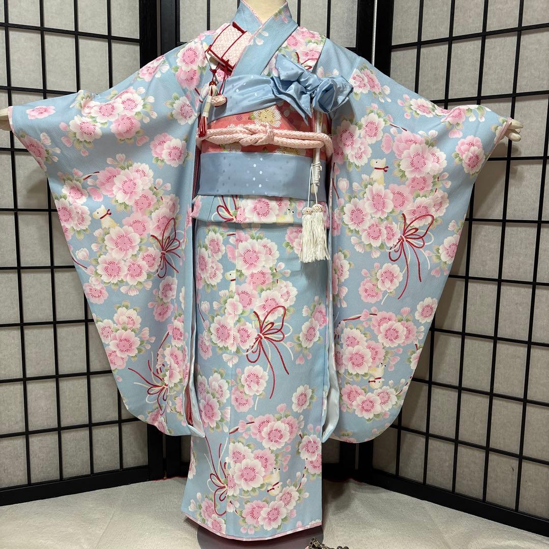 七五三　着物セット　7歳　水色　花柄　ポンポネット