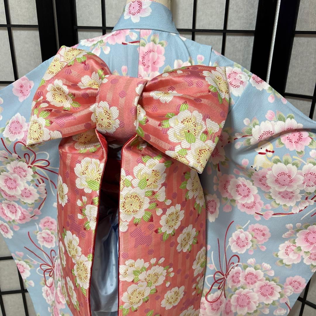 七五三　着物セット　7歳　水色　花柄　ポンポネット