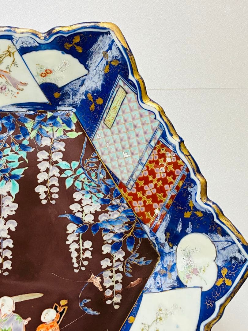 明治初期 香蘭社 色絵褐地藤絵人物文 ブラックホーソン六角大皿