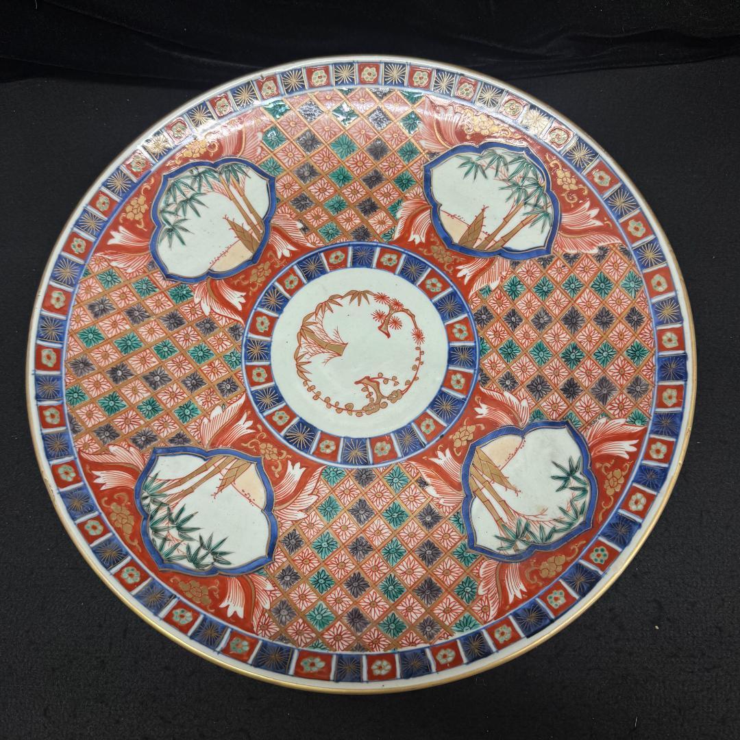 古伊万里 富貴長春 赤 金蘭手 色絵大皿　江戸時代37cm