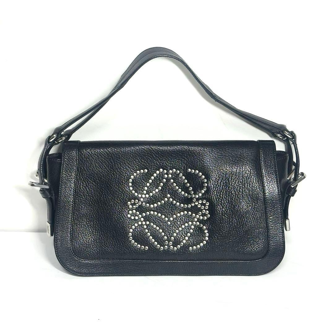 LOEWE ロエベ アナグラム スタッズ レザー ショルダーバッグ ブラック