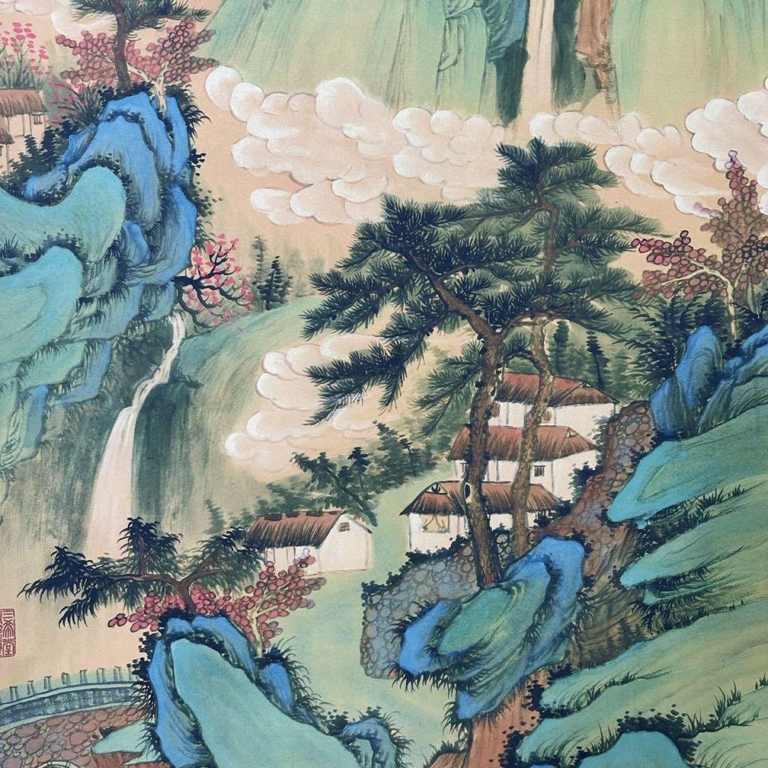 仇英《晴岚暖翠》 三尺中堂掛軸 収蔵証書付き 防偽標識あり 掛軸70×173cm