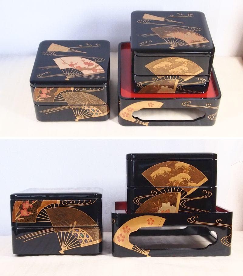 【高級・未使用】輪島塗 道甫作 扇面蒔絵 四段重箱 台付き お重/弁当箱 漆器