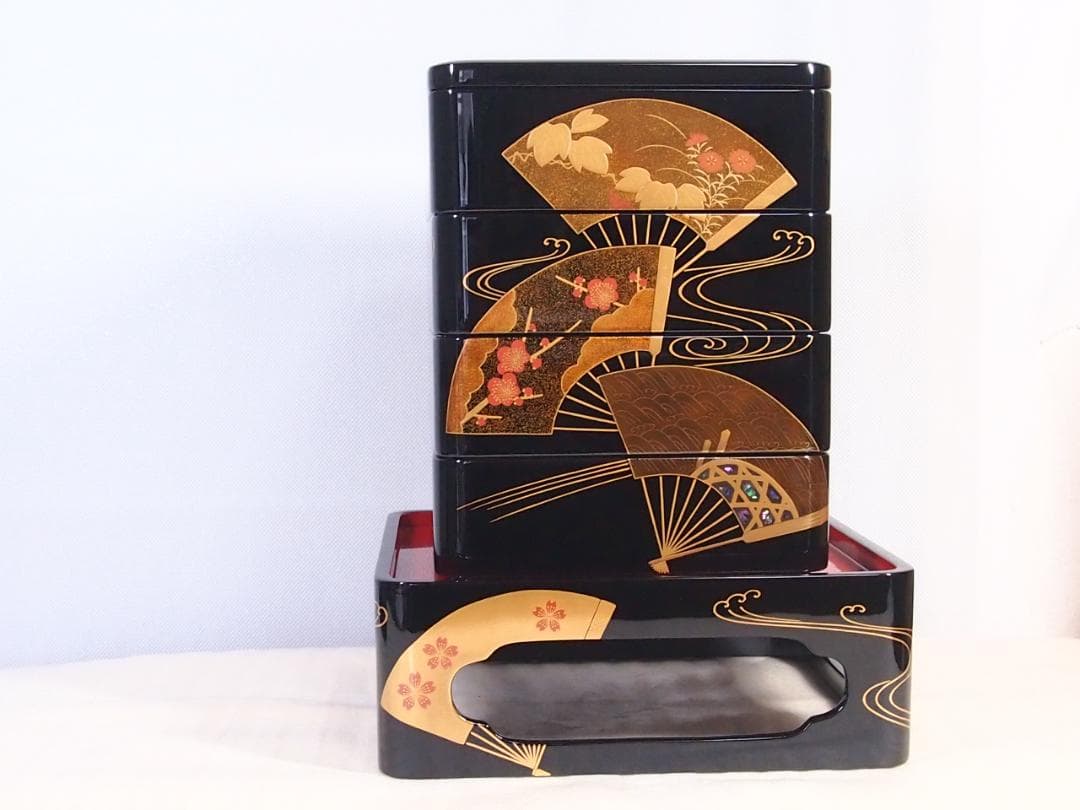 【高級・未使用】輪島塗 道甫作 扇面蒔絵 四段重箱 台付き お重/弁当箱 漆器