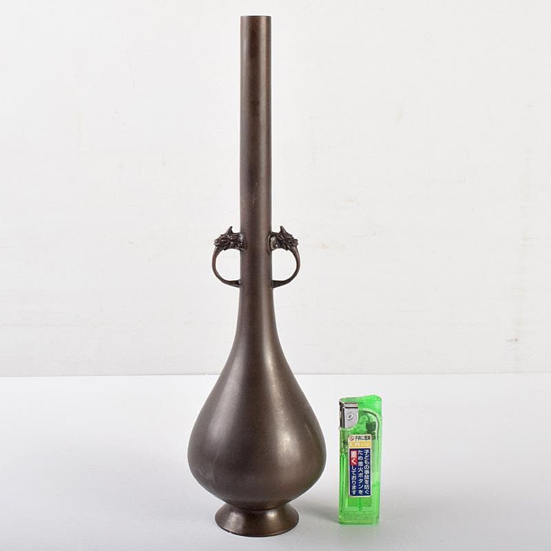 中国　古銅　双龍耳鶴首瓶　時代箱付　V　R5082B