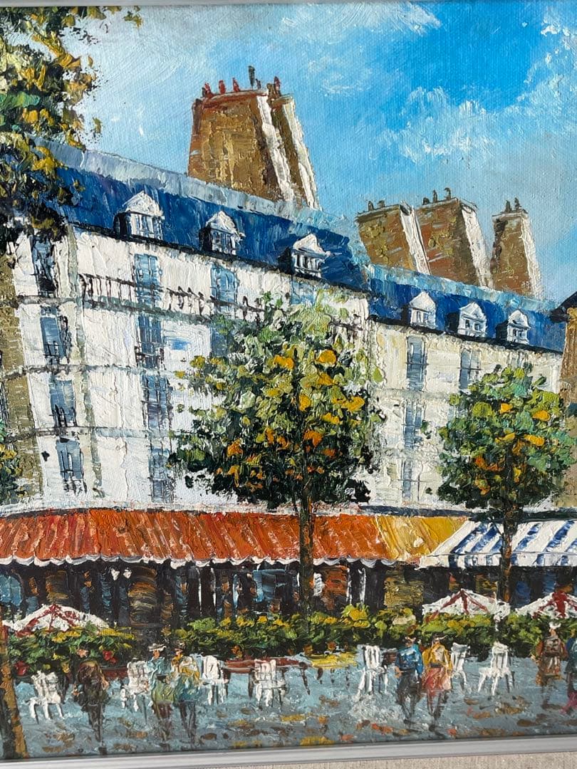 フランス　パリ　カフェ　街並みの風景　手書き油絵 額縁付き