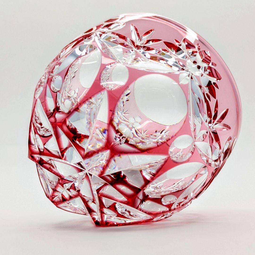 江戸切子　篠崎硝子工芸　金赤色被　ぐい呑み　銘 ″ 三ツ玉 ″【篠崎 清一 作】