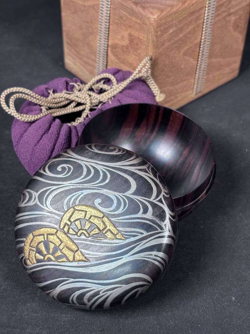 送料無料　棗　平棗　木地　嶋黒檀　黒柿？　和骨董　水車　蒔絵　茶道具　仕覆付き