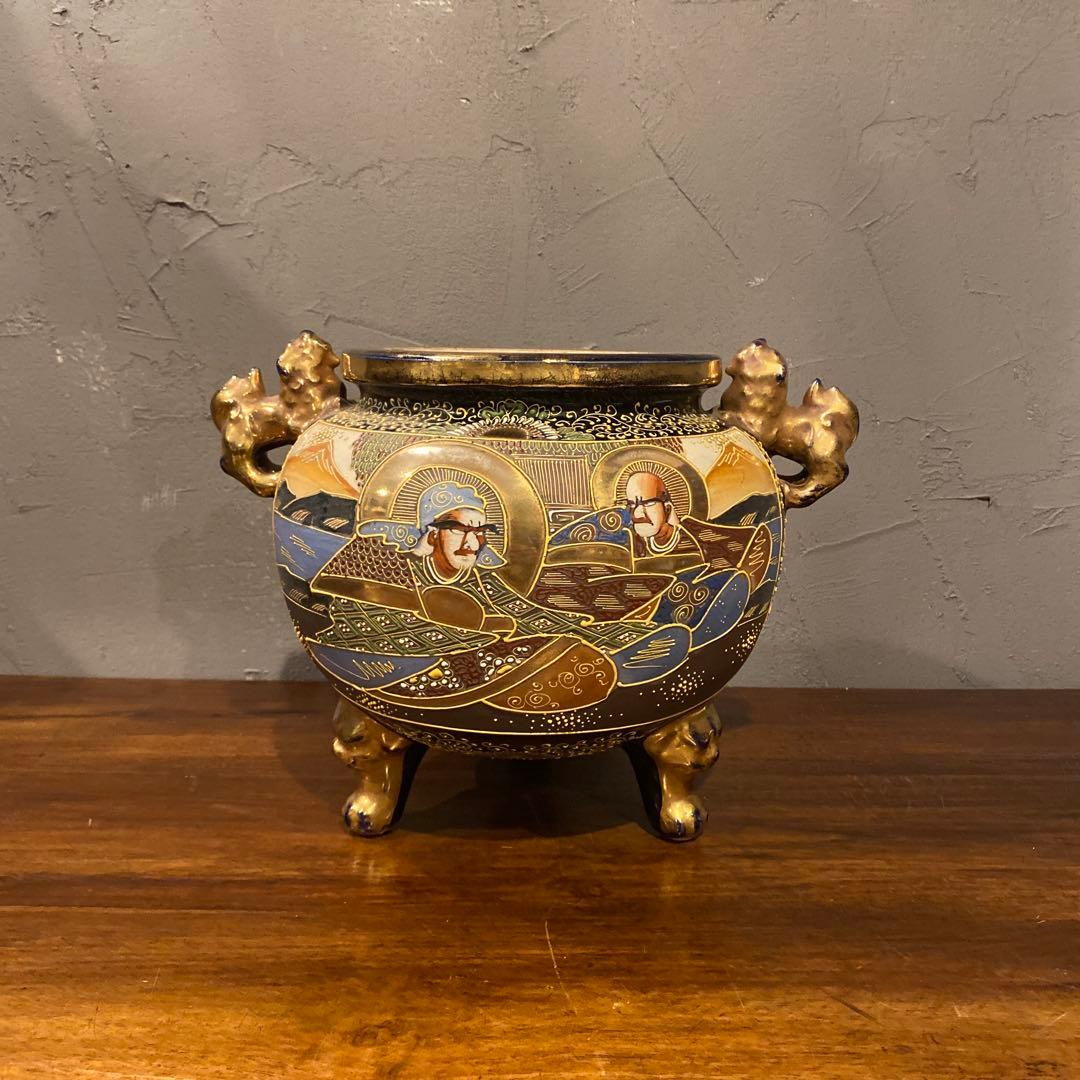 京薩摩 香炉 金襴手 古美術 骨董品 コレクション 置物 狛犬