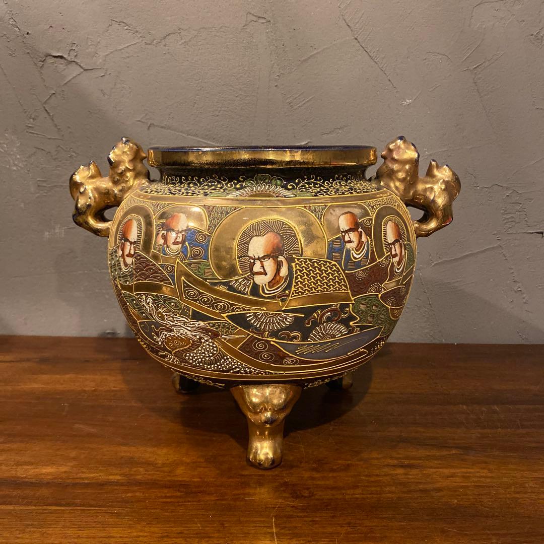 京薩摩 香炉 金襴手 古美術 骨董品 コレクション 置物 狛犬