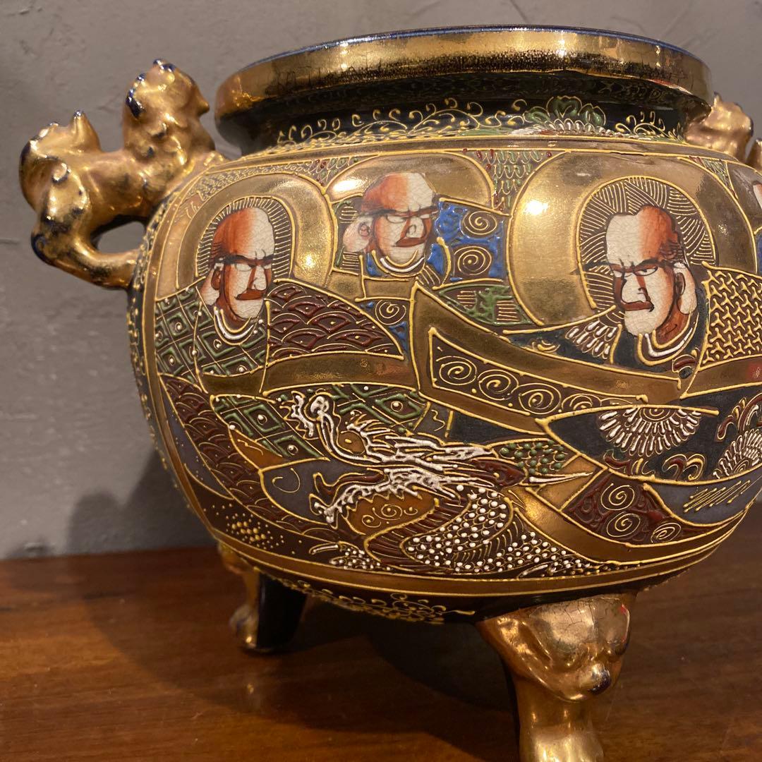 京薩摩 香炉 金襴手 古美術 骨董品 コレクション 置物 狛犬
