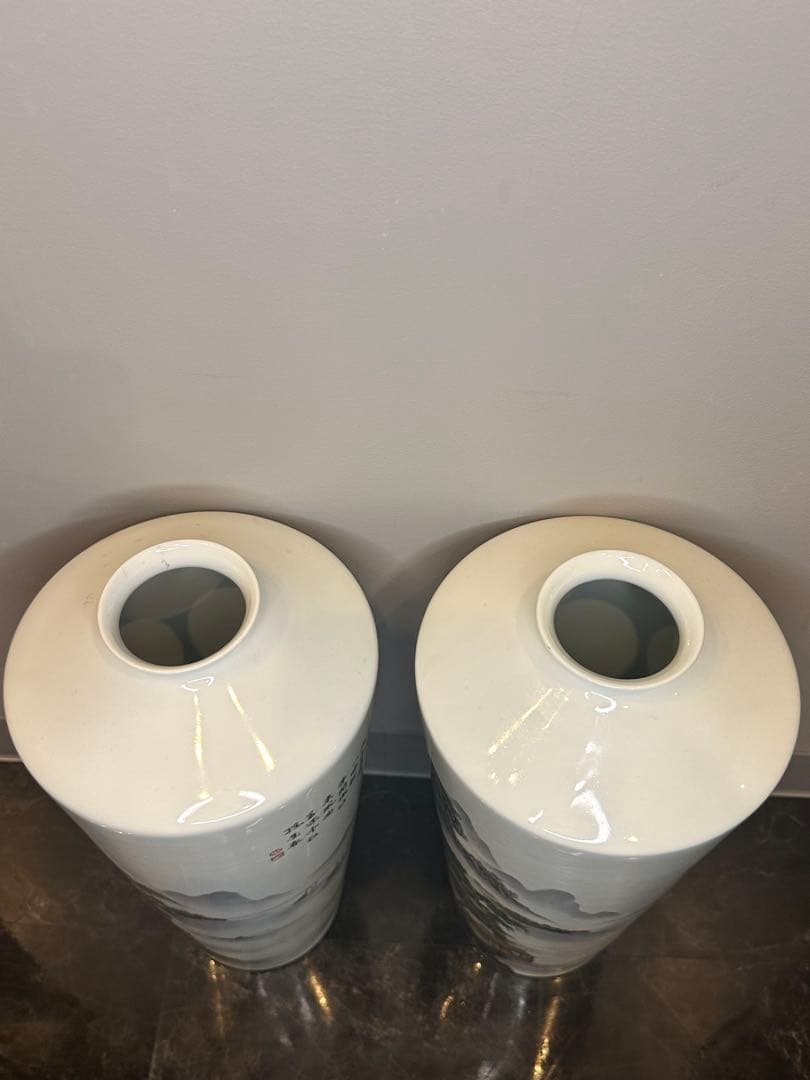 最終価格　中国 大きめ花瓶一対 山水人物図 詩文あり 養和堂製　コレクション