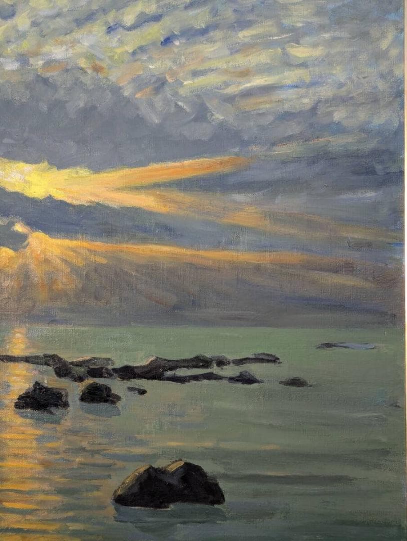 【真作】絵画　杉田一男　油彩20号　森戸の夕映　静寂と輝きの一瞬　U113