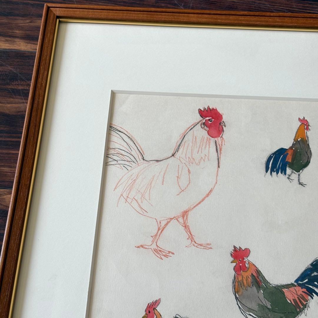 尾山幟 日展用スケッチ 日本画 額装 鶏 額装 日展評議員 B