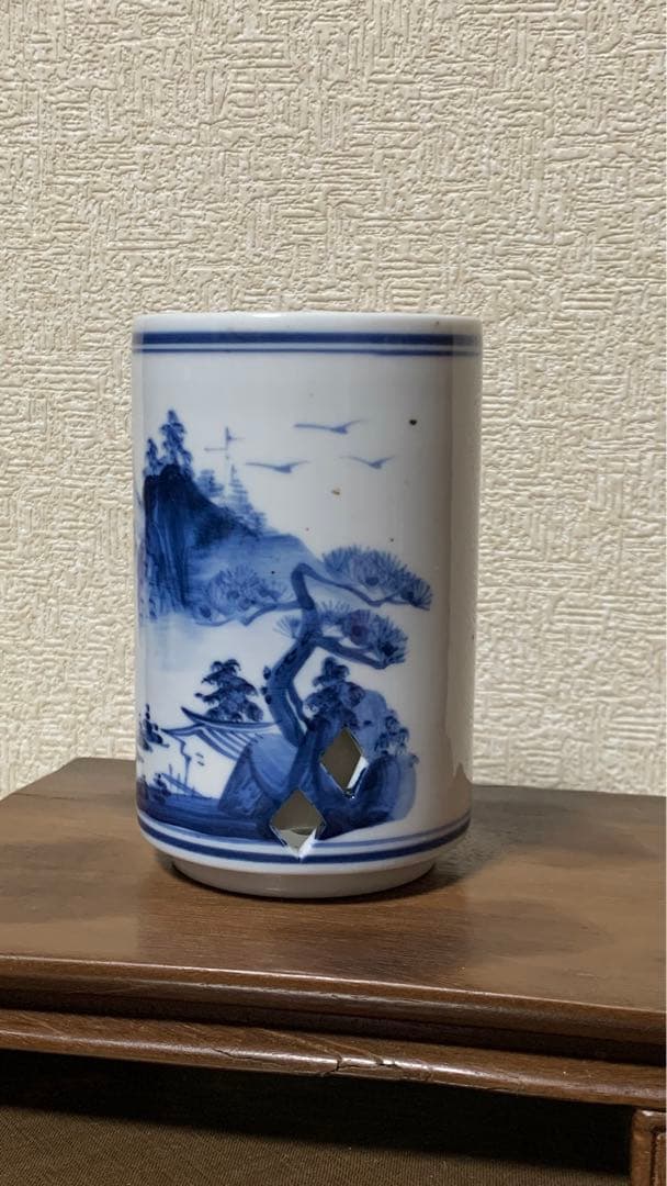 アンティーク シノワズリ　中国清朝中期　　白磁染付　透かし彫り　青花　筆立