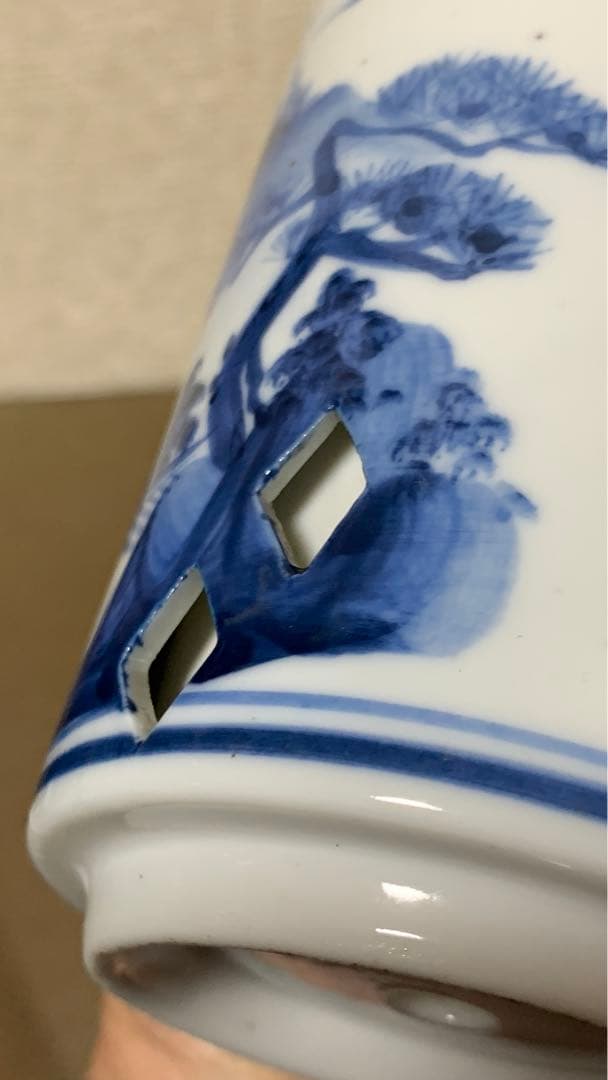 アンティーク シノワズリ　中国清朝中期　　白磁染付　透かし彫り　青花　筆立